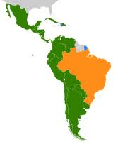Hispanoamérica (en verde) posee una unidad cultural, histórica y lingüística claramente distinta de Brasil (en naranja).