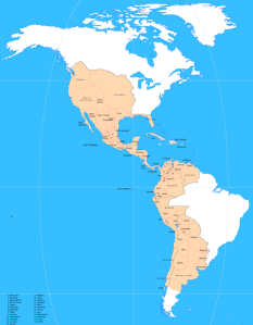 Hispanoamérica en 1800, durante la época del Estado Indiano (o reino de Indias). La parte mayor de América, tanto en el norte como en el sur, pertenecía entonces a la América hispana.