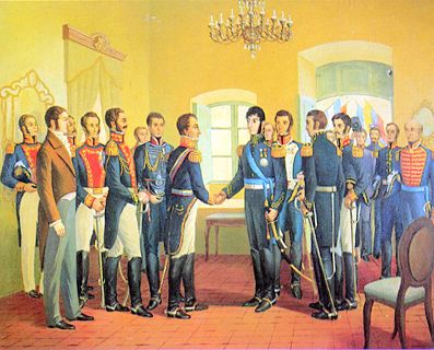 "Entrevista de Guayaquil", óleo de Octavio Gómez (Instituto Nacional Sanmartiniano. Buenos Aires).