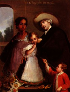 "Pintura de Castas", óleo de Miguel Cabrera (hacia el año 1763), donde se muestra a un español jugando con su hija, nacida de su unión con una mujer mulata. España promovió el mestizaje en América, un fenómeno amplísmo en toda la América hispana, regulado incluso por la legislación de Indias. 