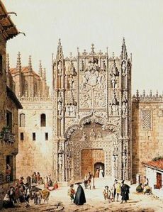 Pórtico del Colegio de San Gregorio de Valladolid, según una litografía romántica del siglo XIX. Aquí tuvo lugar la célebre controversia que enfrentó a Bartolomé de las Casas y a Juan Ginés de Sepúlveda, entre 1550 y 1551.