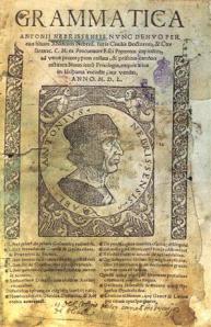Portada de Grammatica Antonii Nebrissensis, primera gramática del español, escrita por Antonio de Nebrija y publicada en 1492