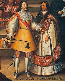 Martín García de Loyola y su esposa, la princesa inca Beatriz Clara Coya, hija de Sayri Túpac y Cusi Huarcay. Lienzo del siglo XVII, Iglesia de la Compañía, Cuzco.