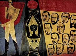 Detalle del mural de Guayasamín, en el que aparecen Bolívar (a la izquierda) y los principales pensadores hispanoamericanistas (a la derecha).