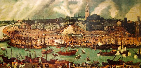 Vista de la ciudad de Sevilla en el siglo XVI, obra de Alonso Sánchez Coello. A través del río Guadalquivir llegaba la Flota de Indias, la flota de galeones que conectaba a la ciudad con los virreinatos americanos