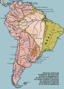 América del Sur en el siglo XVIII. Al igual que hizo Estados Unidos en el Norte, Brasil amplió su territorio a costa de la América hispana (en color rosado en el mapa), a pesar de que esta era mucho más extensa al principio, acabó fragmentándose en favor del Brasil.