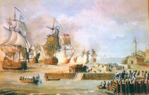 Representación del ataque a Cartagena de Indias por la armada inglesa en 1741, pintura de Luis Fernández Gordillo (1937). La batalla de Cartagena supuso una de las mayores derrotas militares de Inglaterra, cuidadosamente silenciada por numerosos historiadores británicos.