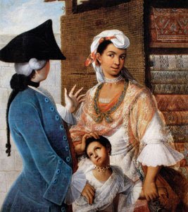 Miguel Cabrera represntó ampliamente en su pintura el mestizaje en la América hispana. Esta imagen representa a un español casado con una indígena y su hijo (finales del siglo XVIII).