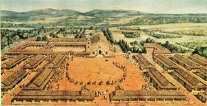 Misión jesuítica guaraní de San Ignacio, según un cuadro de la pintora Léonie Matthis.