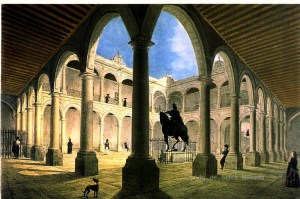 Interior de la Real y Pontificia Universidad de México, según una litografía de Claudio Linatti (siglo XIX). Fundada en 1551, es una de las más antiguas universidades fundadas por la Corona española en la época indiana. Ni Inglaterra ni Portugal, ni las otras potencias coloniales menores, fundaron universidades en América.