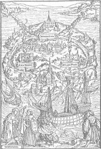 "Isla de la Utopía" de Tomás Moro (1516). | La nave y la carabela sugieren el increíble cambio ocurrido en la concepción del mundo europeo a partir del descubrimiento de América.