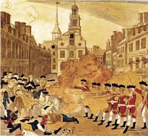 Masacre de Boston, según un grabado de Paul Revere. Los Estados Unidos consiguieron su independencia gracias a la ayuda de Francia y España.