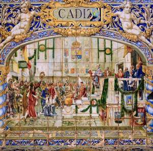 Azulejo de la Plaza de España en Sevilla, donde se representa el cuadro de Salvador Viniegra "La promulgación de la Constitución de 1812".
