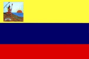 Bandera tricolor fue izada por primera vez el 14 de julio de 1811. En el extremo superior izquierdo, a los pies de lamuejr india, aparece una cinta con la palabra "Colombia", que es el nombre que creó Miranda para designar a toda la América hispana.