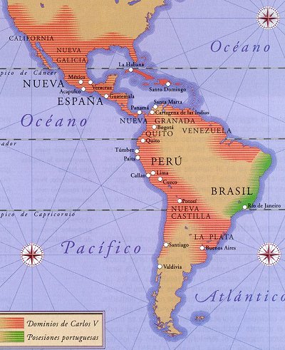 Las Indias (en color rojo). Durante siglos, la mayor parte del continente formó parte de la Monarquía hispánica, de ahí que en el siglo XIX fuera usual el refirise a Hispanoamérica simplemente como "América".