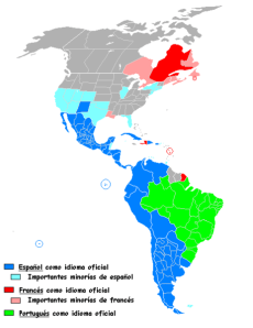 Mapa que muestra la distribución geográfica de las lenguas románicas o latinas habladas en el continente americano. El color azul corresponde al español, que es el idioma más hablado (más del 40% de la población de todo el continente americano).