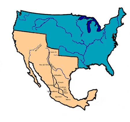 Territorios de México y Estados Unidos a principios del siglo XIX. Aunque ya entonces Estados Unidos se había apropiado de amplios territorios de Nueva España, todavía la superficie de México equivalía a casi las tres cuartas partes de la de Estados Unidos. Tras la guerra de agresión expansionista de este país contra México, este perdió más de la mitad de su territorio: uno de los mayores despojos territoriales jamás sufridos por un gran país.
