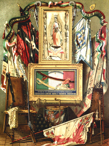 Objetos de la época de la independencia en una imagen publicada en la enciclopedia "México a través de los siglos", de Vicente Riva Palacio (Tomo III: "La guerra de la independencia", por Julio Zárate, hacia 1880).