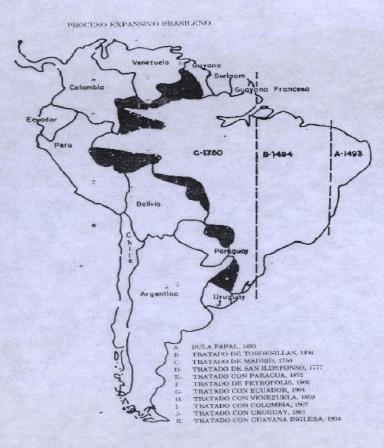 Mapa tomado de: Alejandro Mendible "Venezuela y sus verdaderas fronteras con el Brasil -Desde el tratado de Tordesillas hasta la incursión de los garimpeiros" (Caracas, 1993), donde se muestra el proceso expansivo brasileño a costa de Hispanoamérica. Brasil arrebató territorios tanto a la América española violando tratados internacionales de fronteras (líneas verticales) como a las ya independizadas repúblicas hispanoamericanas (zonas en negro).