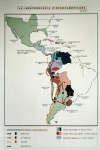 Lo que había sido una poderosa unidad geopolítica, la América española o Indias, acabó partiéndose en pedazos, por la ambición de caudillos locales sin ninguna visión de grandeza, y por la acción del imperialismo británico [pulse sobre la imagen para ampliar].