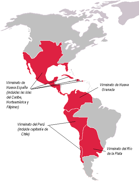 Territorio de las Indias (América Hispana) a finales del siglo XVIII, pocas décadas antes de su desdichada fragmentación.