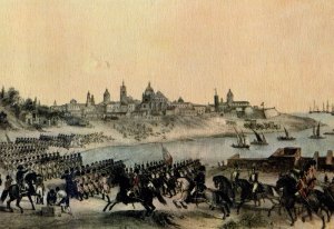 Ataque por los ingleses a Buenos Aires, liografía coloreada del artista Madrid Martínez (1807). Museo del Bicentenario (Buenos Aires).