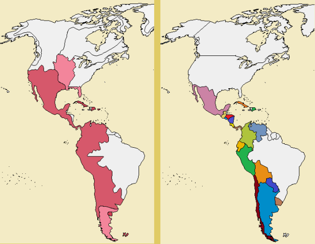 De la fuerza de la unidad a la debilidad de la fragmentación: Hispanoamérica en 1800 (izquierda) y en la actualidad. 200 años de pérdidas territoriales y balcanización sin fin: este es el producto del imperialismo anglosajón.