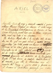 Manuscrito de laprimera página de "Ariel"