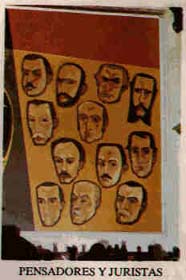 Detalle de un mural de Oswaldo Guayasamín en el que aparecen varios pensadores