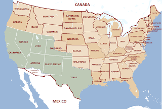 Mapa que muestra la extensión del territorio (en color verde) usurpado por Estados Unidos a México (1945-48).