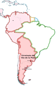 El virreinato del Río de la Plata, dentro del conjunto de la América hispana (en color rosado). Constituido por el gran estadista José de Gálvez, Ministro de Indias de Carlos III, fue concebido como el núcleo de un gran país que serviría para contrarrestar el expansionismo anglosajón por el norte.