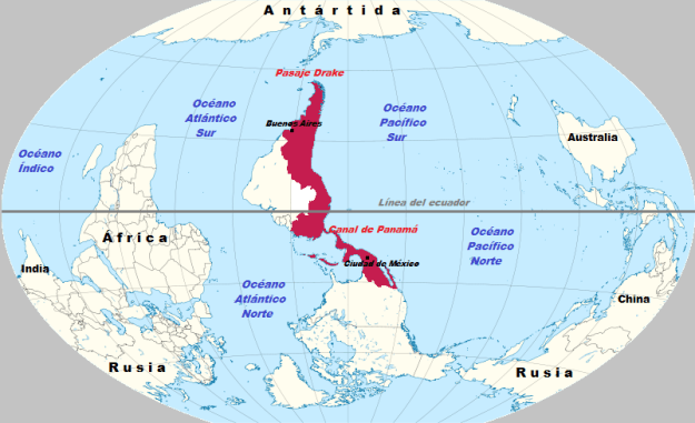 Representación invertida del mapa del mundo, con el continente Americano en el centro. El territorio que aparece en color morado corresponde a Hispanoamérica. - See more at: http://ucvsatelital.tv/geopolitica-de-hispanoemerica-nuestro-norte-es-el-sur-el-nuevo-post-del-jurista-y-escritor-espanol-jose-ramon-bravo#sthash.E0X5Dlx7.dpuf