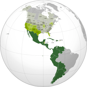 Hispanoamérica y porcentajes de hispanohablantes en los estados del continente americano en que el idioma oficial no es el español.