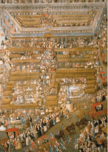 La Plaza Mayor de México en el siglo XVIII, momento de mayor esplendor cultural de Nueva España. Óleo de Antonio Prado (hacia 1769). Museo Nacional de Historia (Ciudad de México).