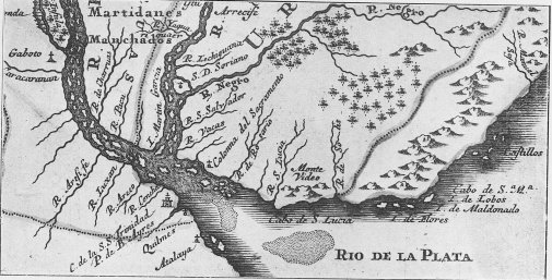 Mapa donde puede verse la bahía de Maldonado y la desembocadura del río de la Plata (Fragmento de Carta de la Provincia del Paraguay, por Mateo Leutero (1722).