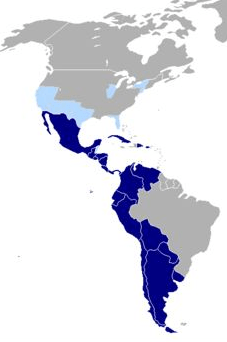Territorios de América donde se habla español, como lengua mayoritaria (azul oscuro) o minoritaria ( azul claro).