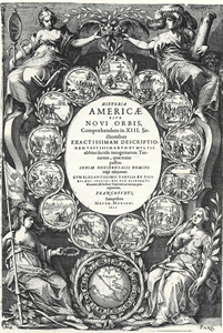 Grabado de los conquistadores en Grands Voyages por Théodore de Bry (1634).