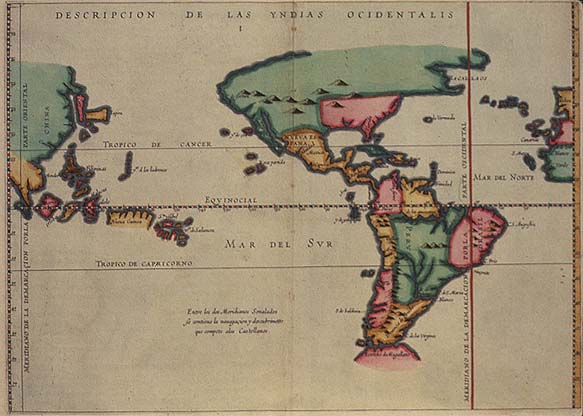 Descripción de la Indias Occidentales, mapa de Antonio de Herrera y Tordesillas (principios del siglo XVII), muestra las posesiones españolas en el Nuevo Mundo.
