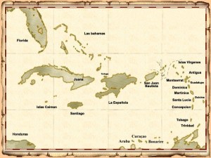 Mapa que describe las principales islas del Caribe en los siglos de la piratería.