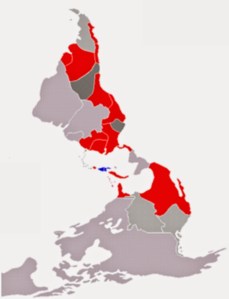Mapa invertido de Hispanoamérica en la época virreinal (hace poco más de doscientos años).