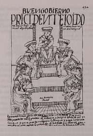 "Buen gobierno. Presidente, oidores, alcaldes, fiscal y alguacil mayor de este reino" (Audiencia Real). Facsímil de un grabado (representando a los oidores de una Real Audiencia) en la colección de la Biblioteca de la Corte Suprema de Chile.