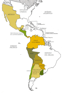 En color, los Estados en que estaba dividida Hispanoamérica hacia 1830, tras las guerras separatistas. Lucas Alamán quiso impulsar la re-integración hispanoamericana bajo la égida de México, que era el más extenso y poblado Estado hispano [Pulse en la imagen para ampliar]