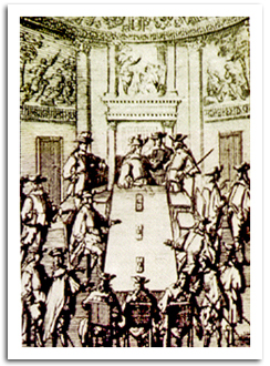 El Consejo de Indias (representado aquí en un grabado del s. XVII) fue el más importante órgano de la administración indiana. Formado en 1511 como sección dentro del Consejo de Castilla, logró conformarse como entidad propia en 1524. 